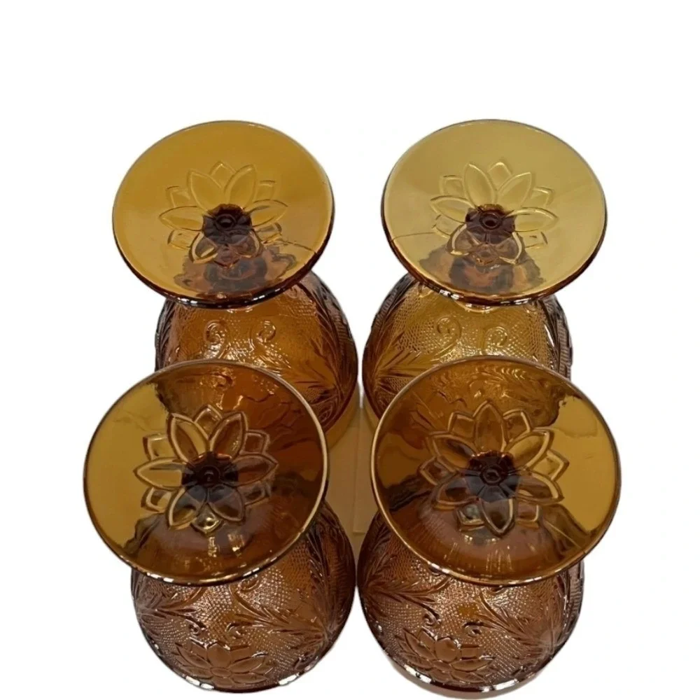 Indiana Glass‎ Tiara Sandwich Amber Water Goblets Set of 4 Floral Embossed MCM